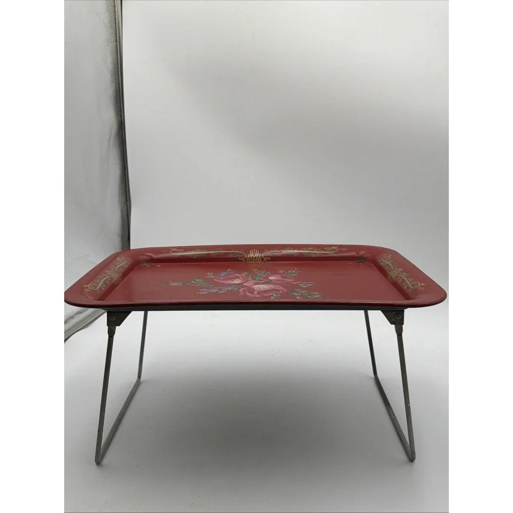 Vintage TV Bed Lap Tray MCM Tole Painted Red Floral Folding Cottage Core